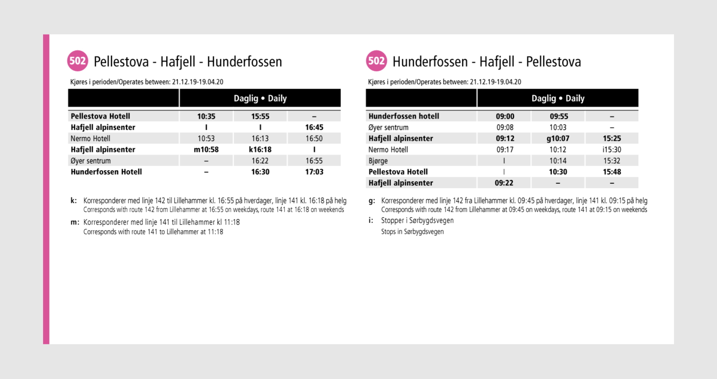 Rutetabell For Skibuss Hafjell Resort